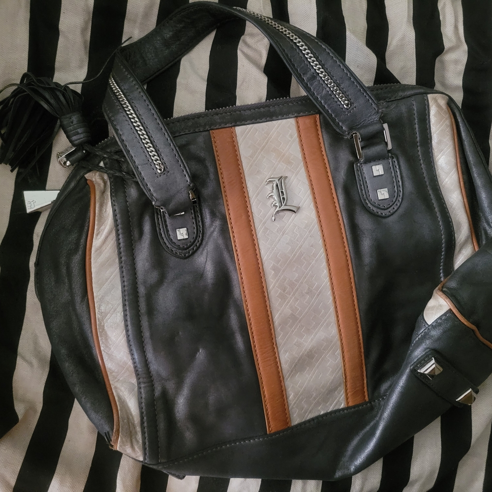L.A.M.B. Black and Brown Duffel Bag with Bold Design